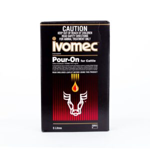Ivomec Pour-On for Cattle 5 Litre black carton with gold Merial branding and ivermectin active constituent label