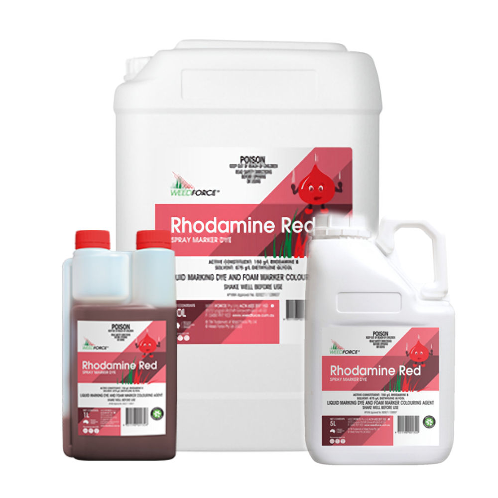 1 Litre, 5 LItre and 20 Litre bottle of Weed Force Rhodamine Red Spray Marker Dye featuring the red identification label and Australian-made logo.