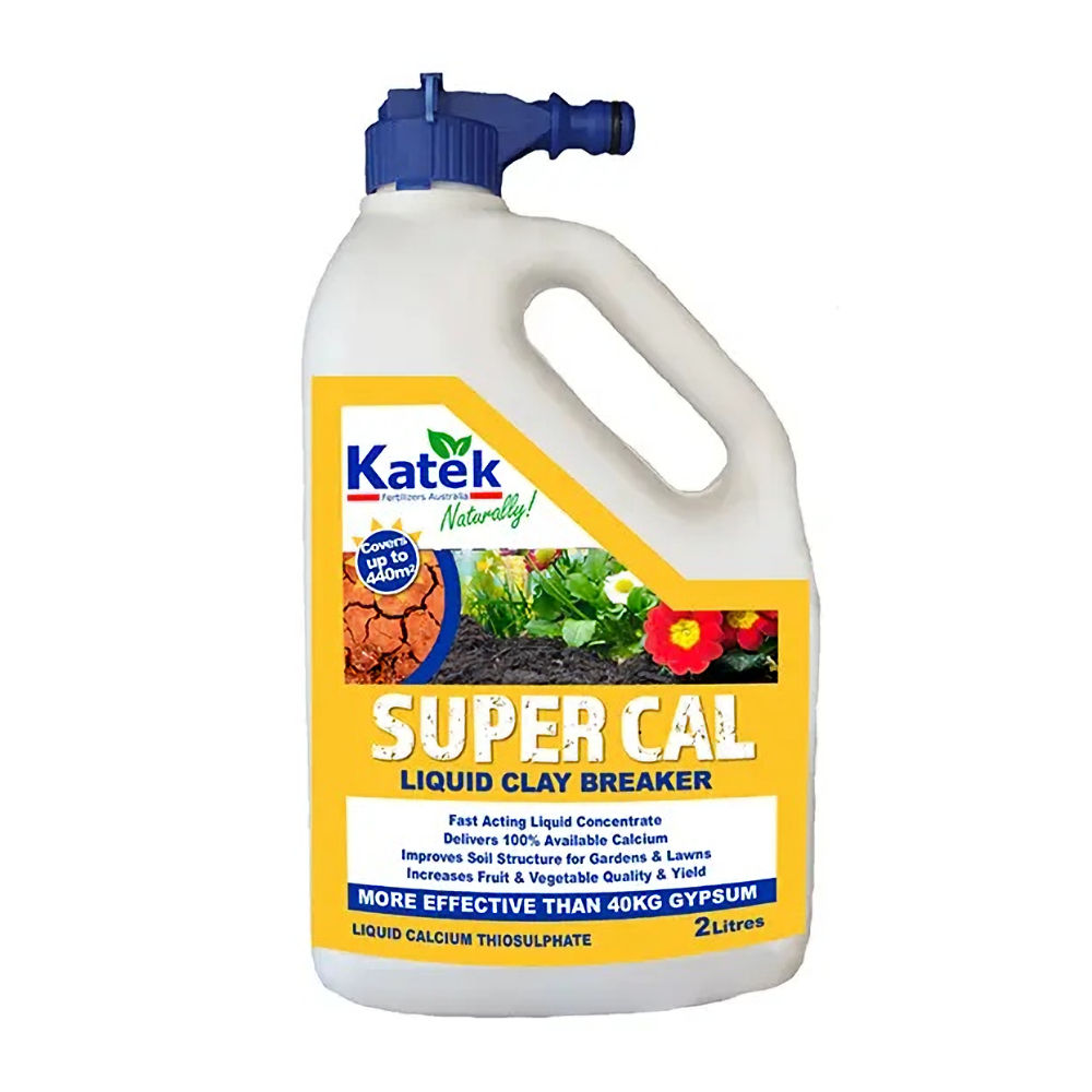 A bottle of Super Cal Liquid Claybreaker showing the Katek Fertilizers Australia logo and application benefits for soil drainage.