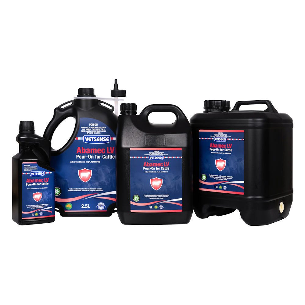 Vetsense Abamec LV Pour-On for Cattle in 1L, 2.5L, 5L, and 10L black containers with blue and red labels.