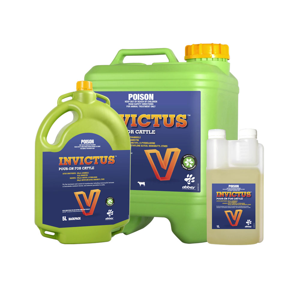 Invictus Pour-On for Cattle 1L, 5L & 10L containers with blue and orange label showing active ingredients and Abbey logo.