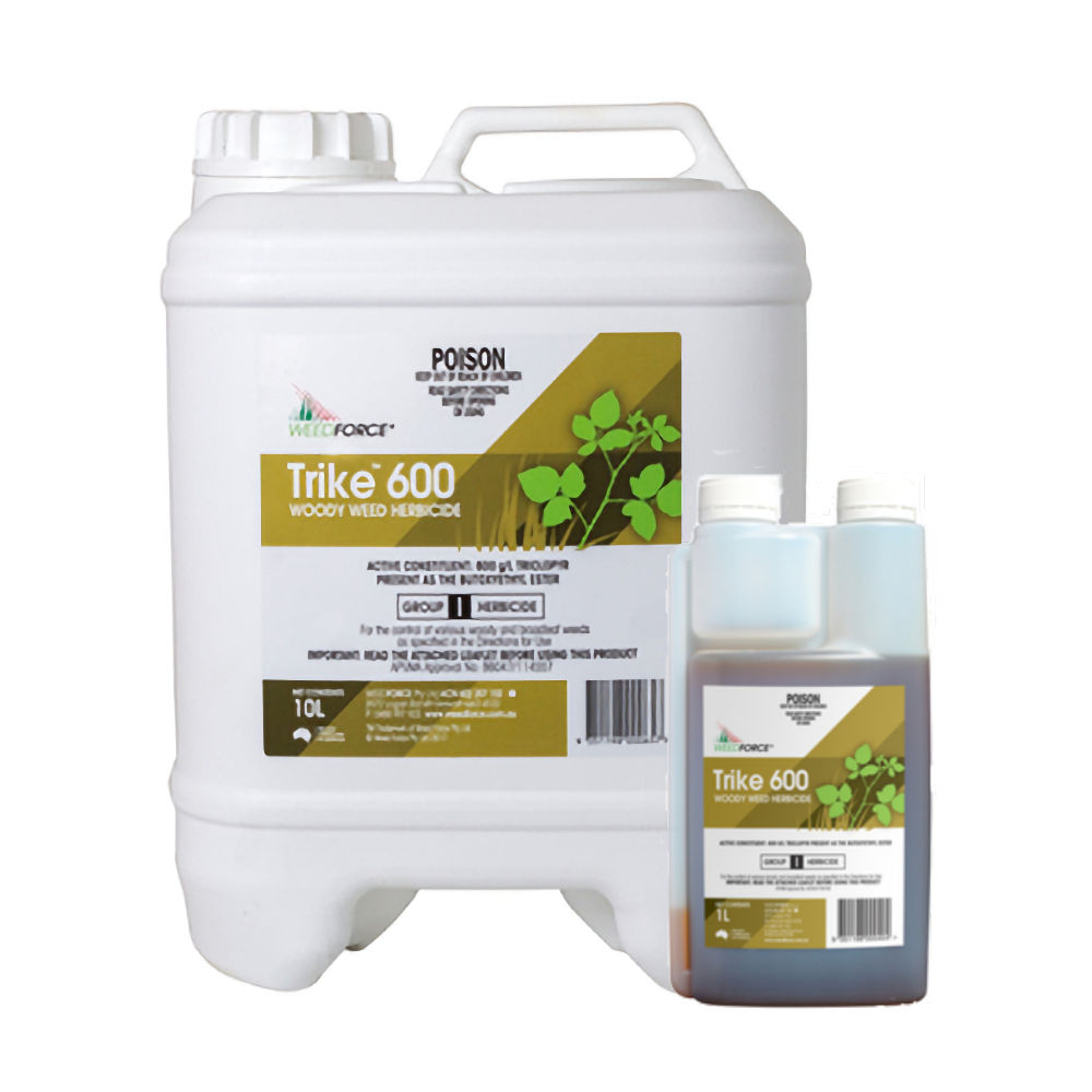 Weed Force Trike 600 Woody Weed Herbicide 1L twin-neck bottle and 10L drum shown side by side on a white background