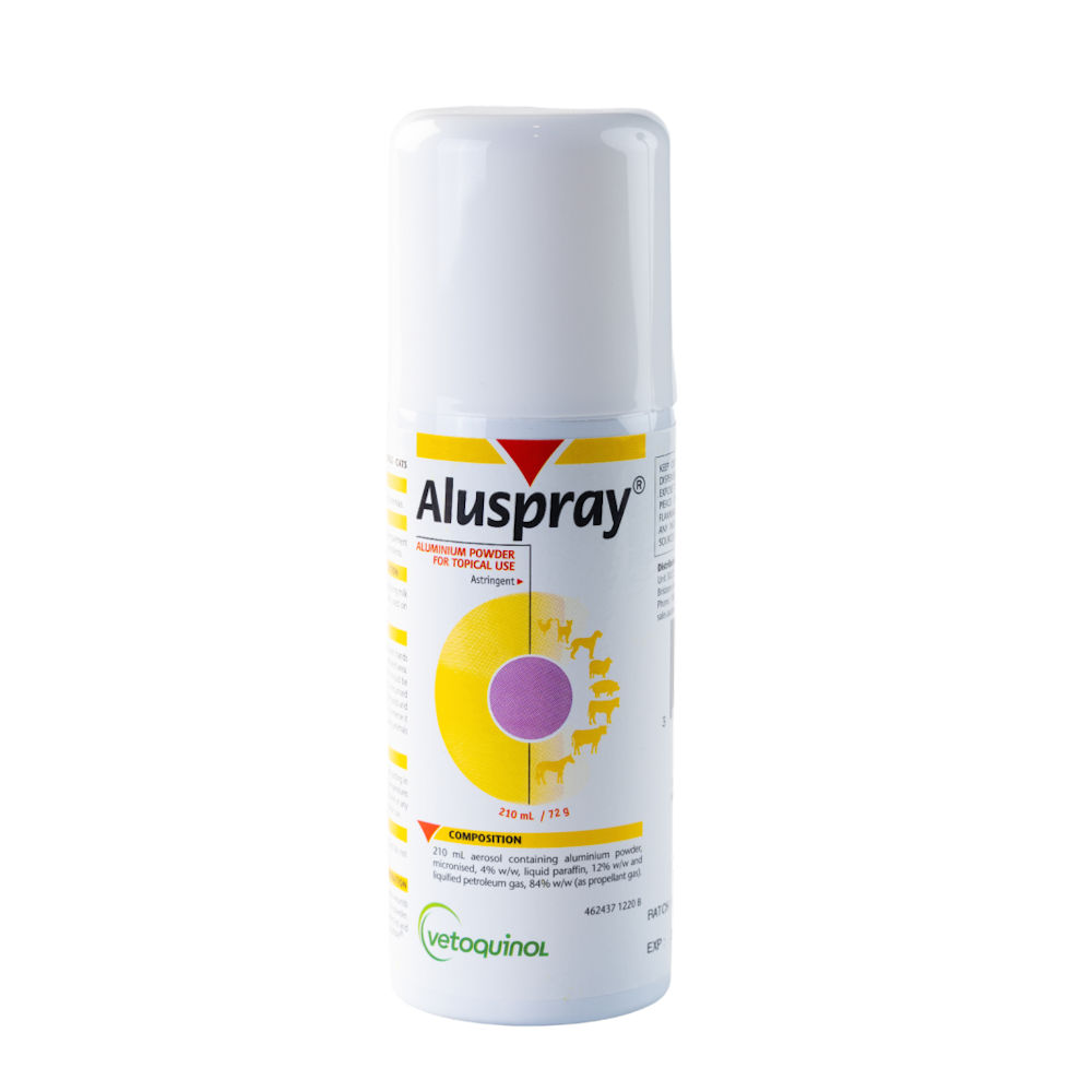 Aluspray Aluminium Spray 210 mL aerosol can from Vetoquinol for topical use on animal wounds