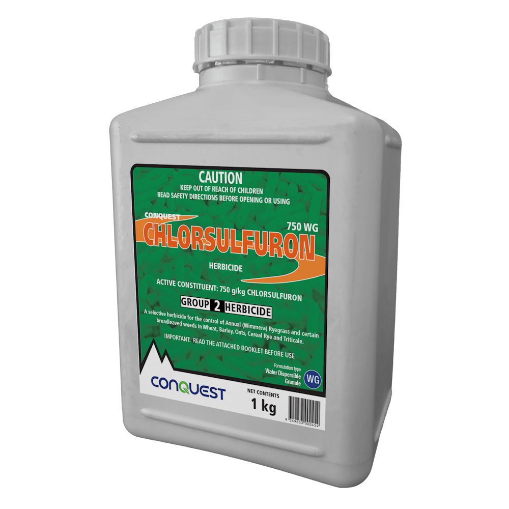 Conquest Chlorsulfuron 750 WG Herbicide 1kg bottle with green and orange label stating 750 g/kg chlorsulfuron