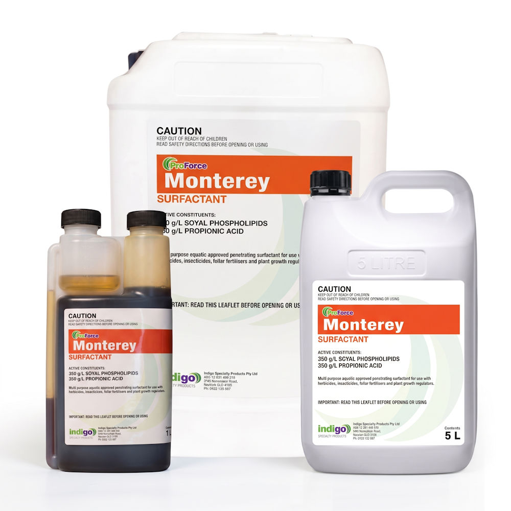 ProForce Monterey Aquatic Surfactant range showing 1L, 5L and 20L pack sizes together