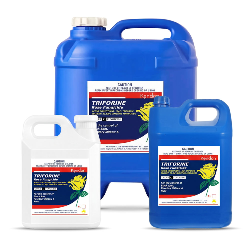 Kendon Triforine Rose Fungicide product range showing 1 litre, 5 litre and 20 litre pack sizes side by side