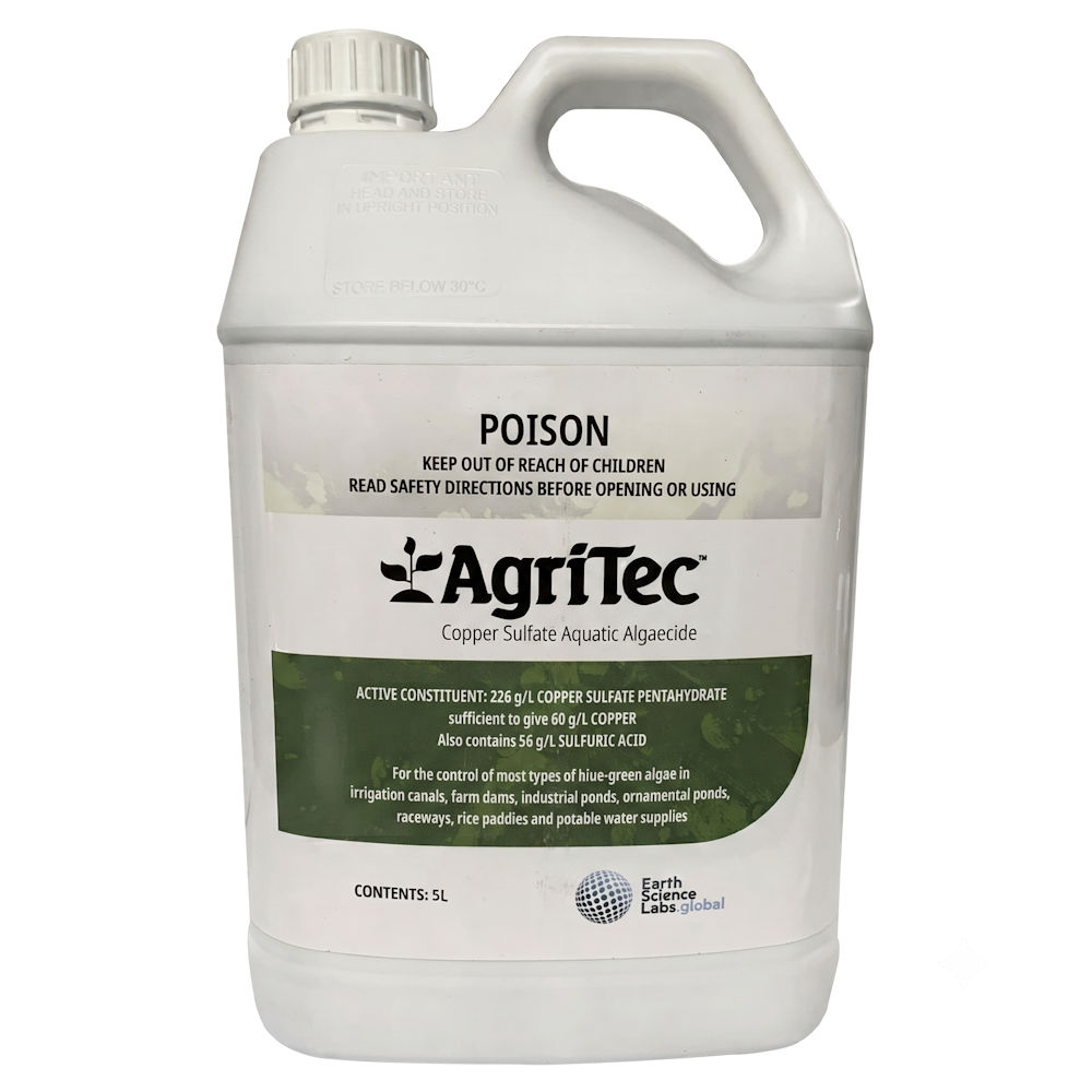 AgriTec Copper Sulfate Aquatic Algaecide 5 litre container for blue-green algae control in farm dams and irrigation water