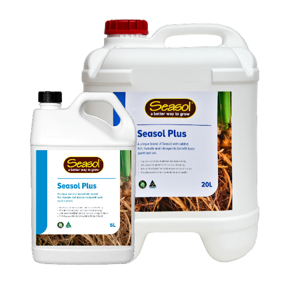 Seasol Plus 5 litre bottle and 20 litre drum side by side, showing both pack size options