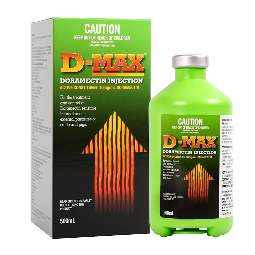 D-MAX Doramectin Injection 500 mL green bottle and carton, 10 mg/mL doramectin for cattle and pigs