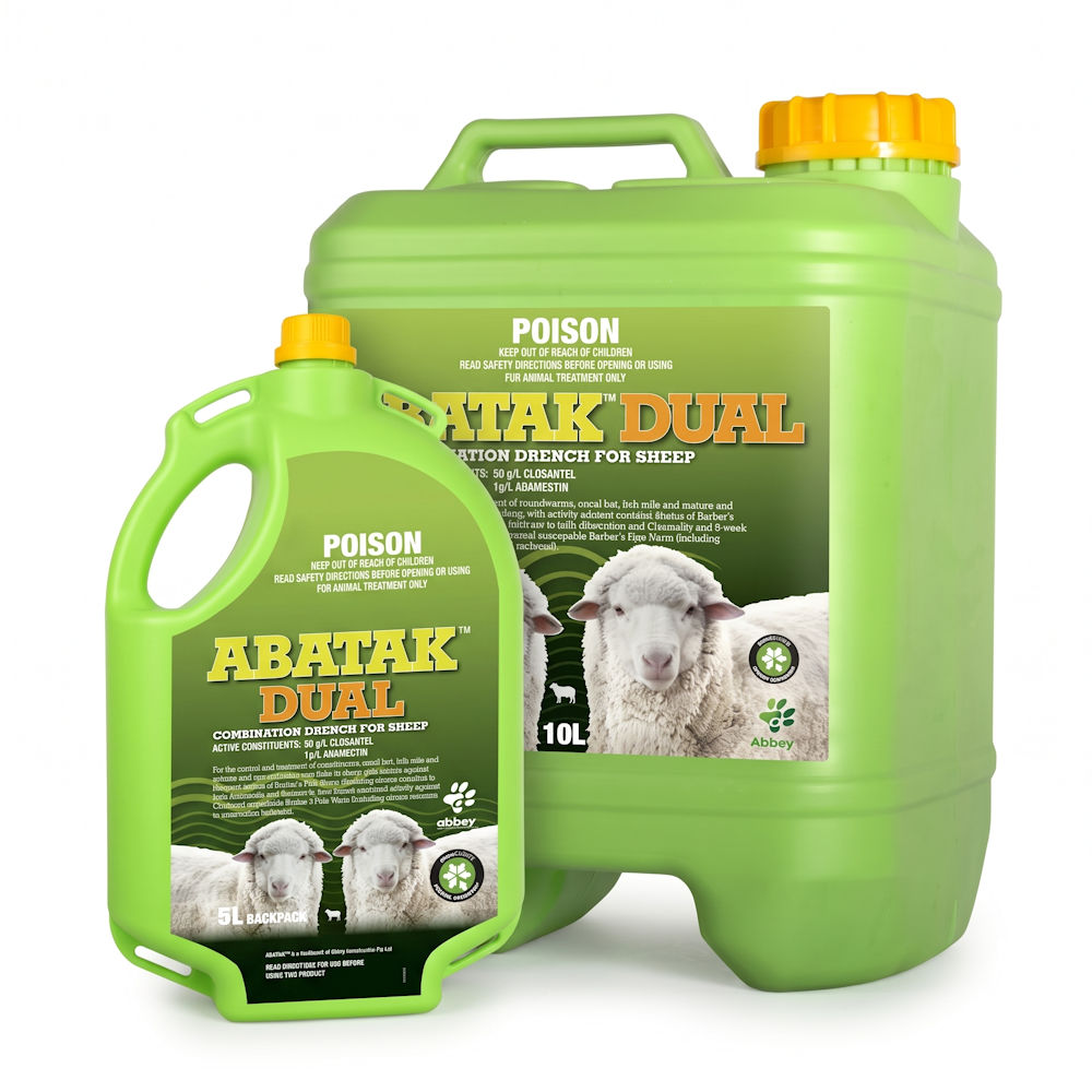Abatak Dual Combination Drench for Sheep pack range showing the 5 litre backpack in front of the 10 litre drum