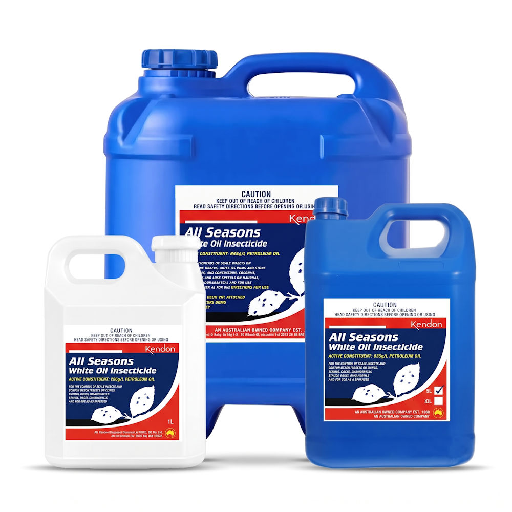 Kendon All Seasons White Oil Insecticide range in 1 litre, 5 litre and 20 litre packs