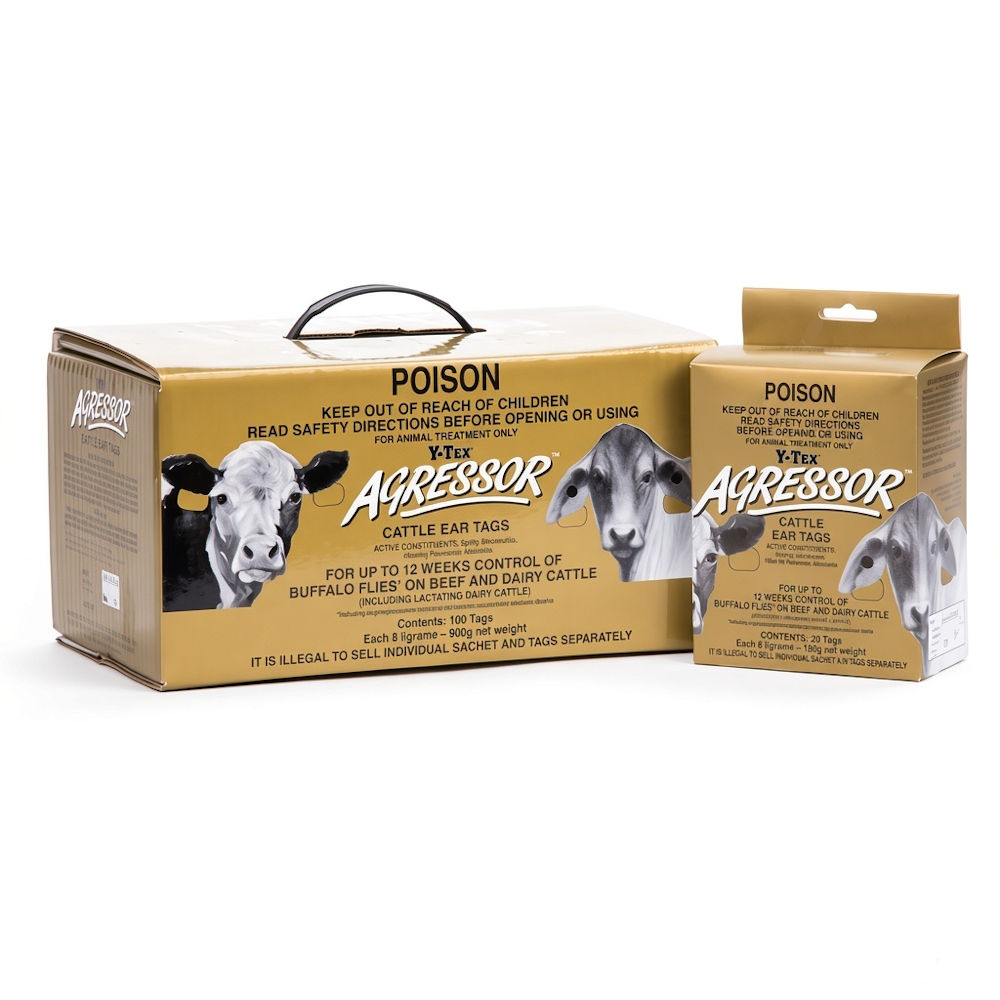 Y-Tex Agressor Insecticidal Cattle Ear Tags 20-pack carton beside the 100-pack carton, both gold with the Agressor logo and cattle photographs