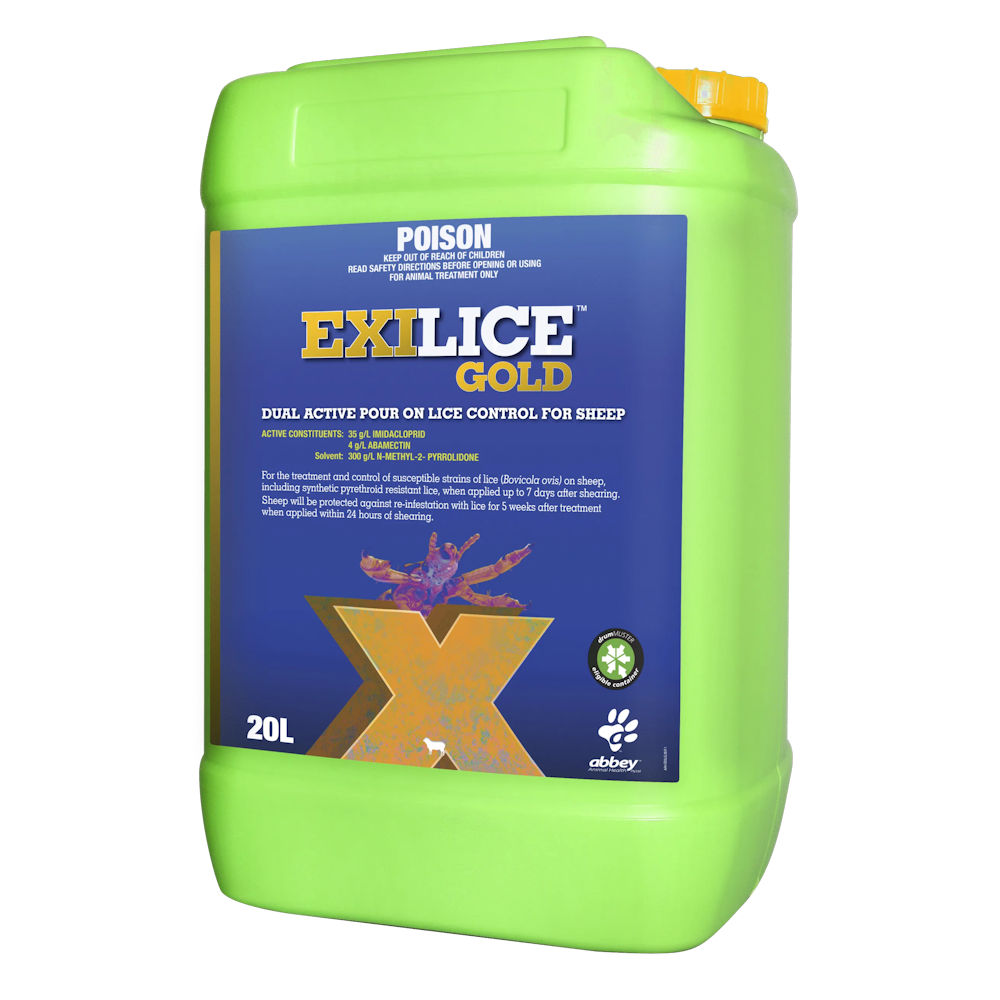 20 litre green drum of Exilice Gold Dual Active Pour-On Lice Control For Sheep with a blue label, gold product name and yellow cap