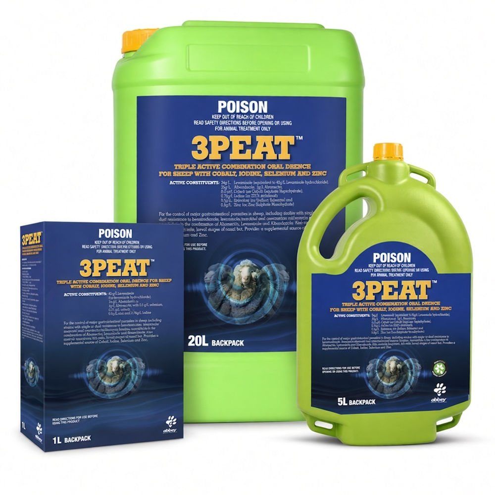 3Peat Triple Active Combination Oral Drench For Sheep product range showing the 1 L carton, 5 L jug and 20 L drum together on a white background