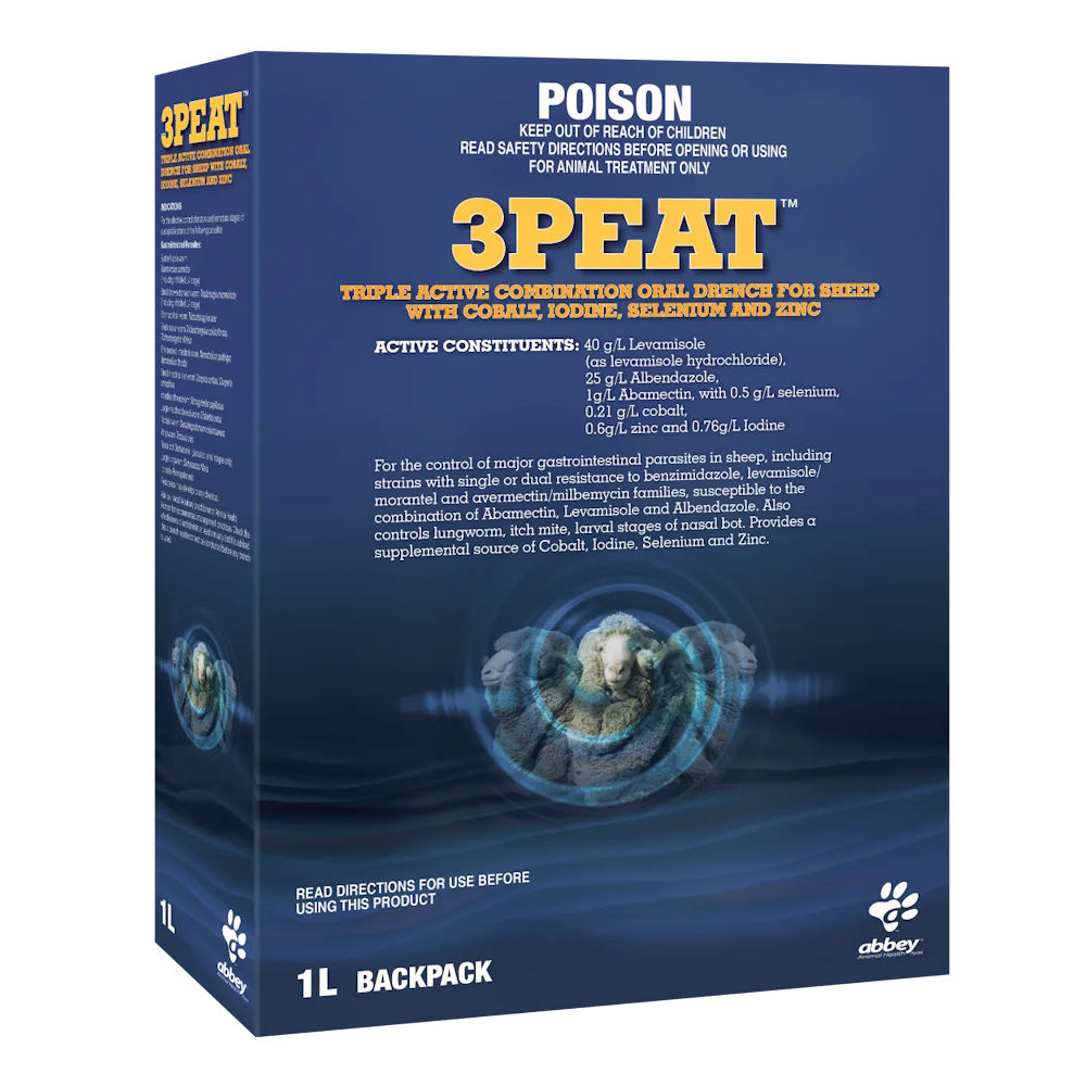 3Peat Triple Active Combination Oral Drench For Sheep 1 L backpack carton in dark blue with a sheep graphic and active constituent panel
