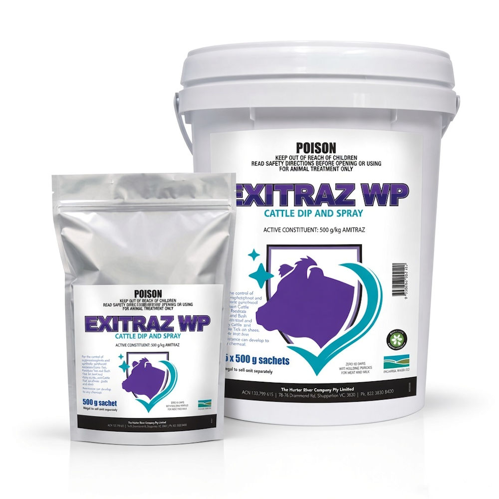 Exitraz WP Cattle Dip and Spray 2.5 kg white bucket beside a 500 g silver foil sachet pouch, both with purple and teal labels showing 500 g/kg amitraz