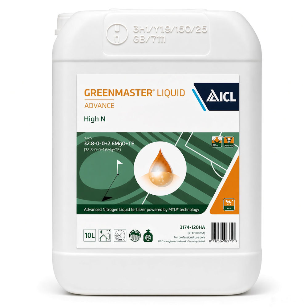 Greenmaster Liquid Advance High N 10 litre white container with orange and green ICL label showing the 32.8-0-0 + 2.6MgO + TE analysis