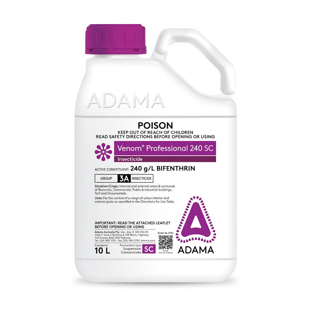White 10-litre container of Venom Professional 240SC Insecticide with a purple cap and Adama branding on the front label